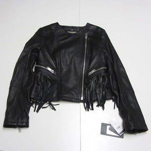 NWT Black Rivet black fringe leather moto jacket sz S